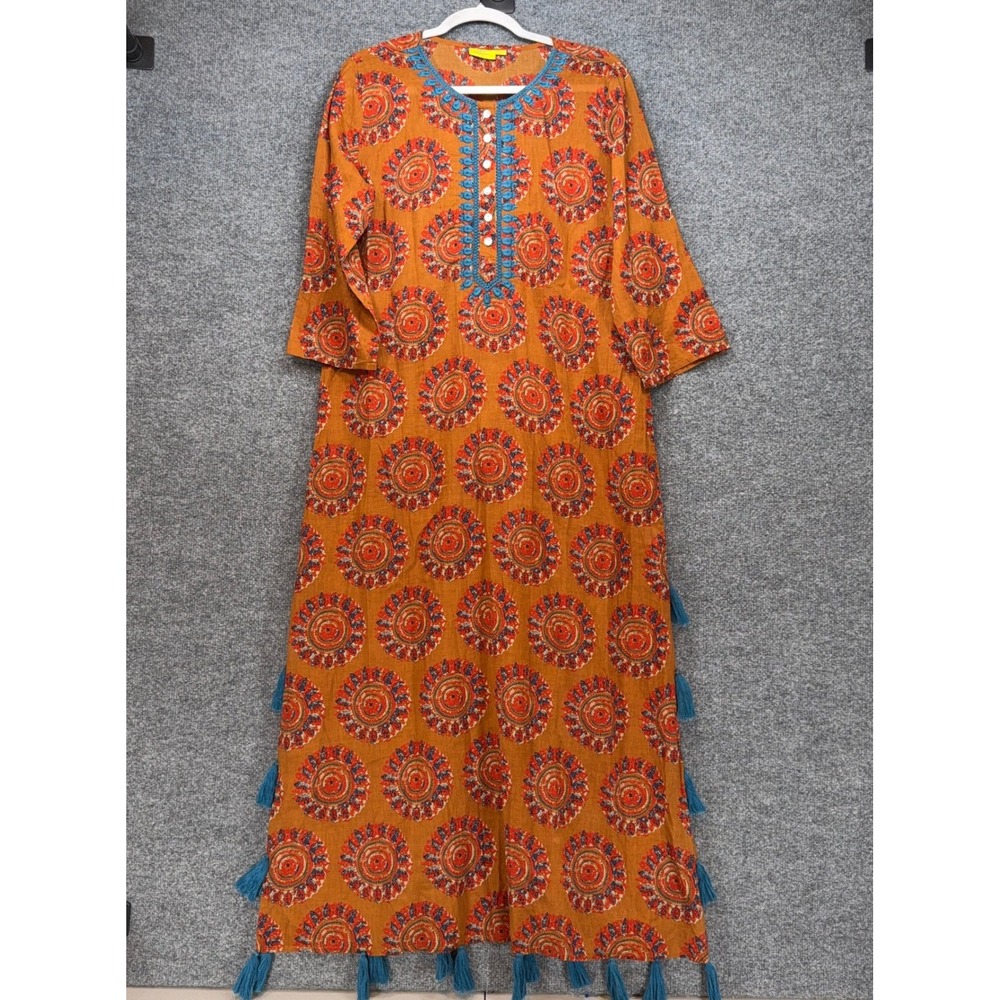Roller Rabbit Maxi Dress Women Large Orange‎ Tunic Tassel Medallion Boho Resort